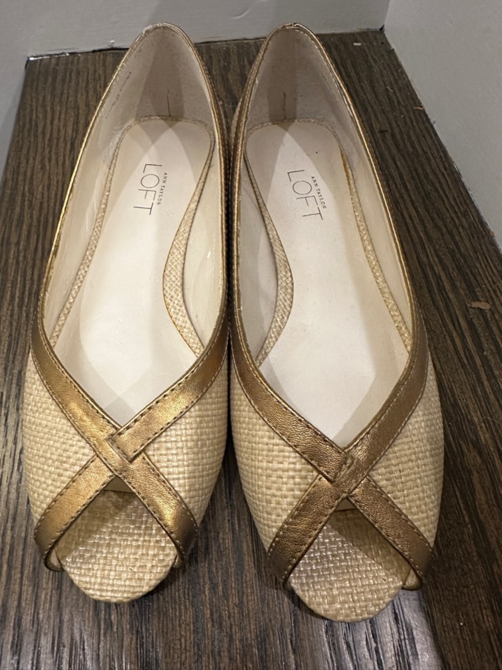 LOFT Gold and Cream Woven Peep-Toe Flats